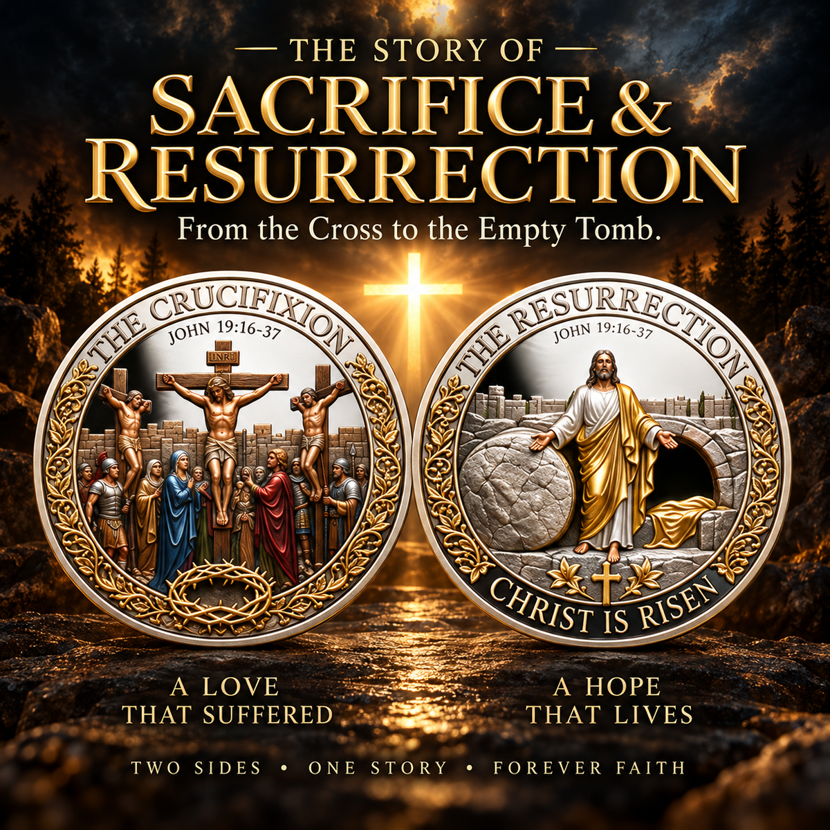 🔥Hot Sale🔥 - Two Sides, One Promise – Crucifixion & Resurrection Commemorative Coin