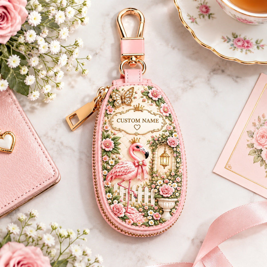 Personalized Flamingo Garden Key Pouch – Custom Name Floral Key Case