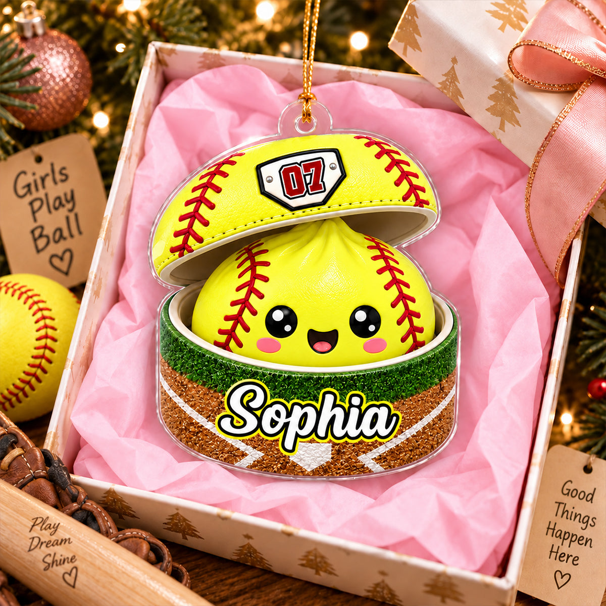 Custom Softball Dumpling Style Personalized Acrylic Ornament, Personalized Softball Christmas Ornament, Sports Gift for Softball Players